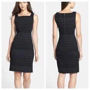 Eileen Fisher Charcoal Black Striped Ponte Knit Square Neck Sheath Dress Size 6